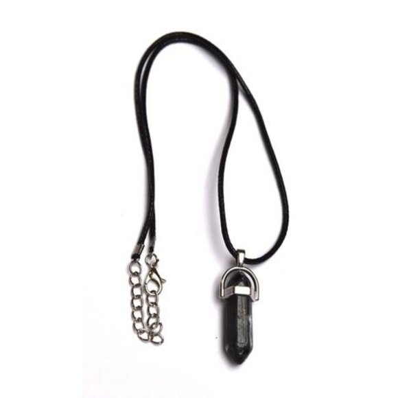 Black Labradorite Pendant Necklace With Adjustable Chain & Faux Leather Cord - Picture 7 of 8